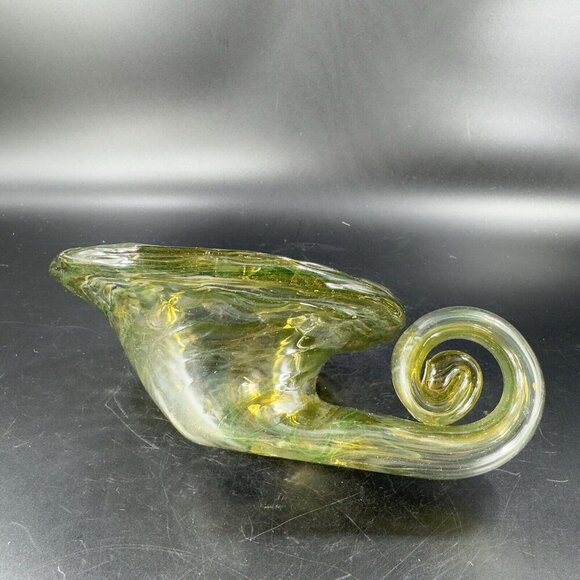 Vintage Sooner Glass Hand Made Green Swirls Dish Bowl Handmade Cornucopia Bowl - Picture 10 of 16